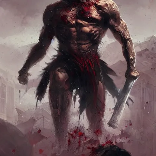 Prompt: mutant man with sword, fantasy boss, dramatic illustration, muscular character, a lot of blood, huge horns, art by greg rutkowski, digital art, artstation