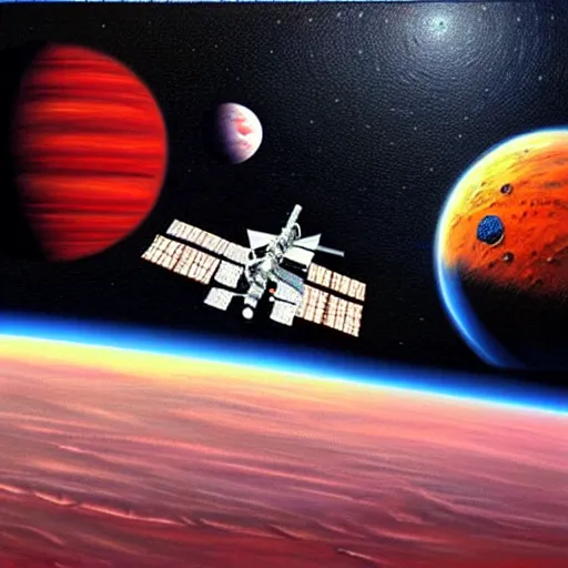 Prompt: a space station orbiting a red planet, acrylic painting by chris moore.