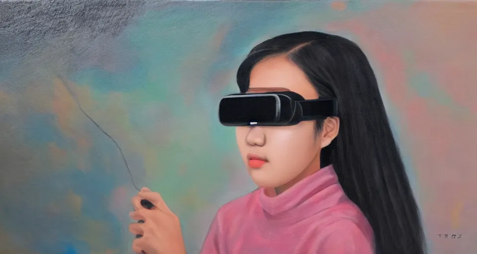 Prompt: a gen z teenage asian girl wearing vr googles, aged desaturated oil painting by mai trung thu