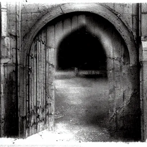 Image similar to dark old picture of a realistic gateway to hell, black and white, pictorialism