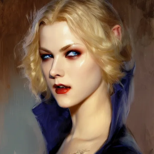 Prompt: detailed cinematic wide shot of beautiful attractive blonde vampire woman black clothes slim face symettrical face clean skin blue eyes black robe smooth, sharp focus, ultra realistic, spring light, painting by gaston bussiere, craig mullins, j. c. leyendecker