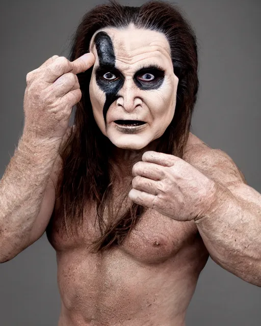 Image similar to actor Ozzy Osborne in Elaborate Pan Satyr Goat Man Makeup and prosthetics designed by Rick Baker, Hyperreal, Head Shots Photographed in the Style of Annie Leibovitz, Studio Lighting