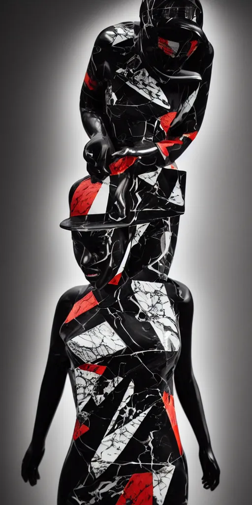 Image similar to dark black marble statue of a beautiful woman with colorful motocross logos in the style of virgil abloh, dark soft lighting, cinematic, very very beautiful, detailed, off white, heron preston, 8 k, 4 k, detailed, beautiful, symmetrical, vogue, editorial, fashion, magazine, museum lighting, night time, dark