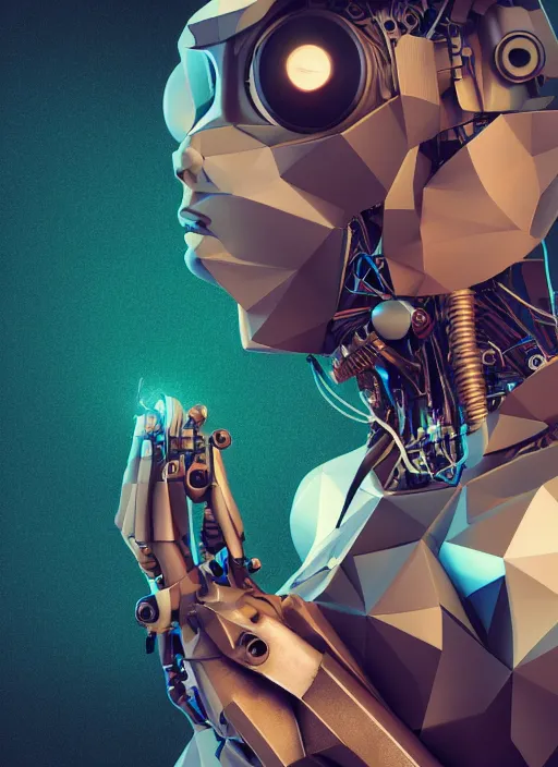 Image similar to woman, beautiful, cyborg, low-poly, steampunk color scheme, hydro integration, robot, close-up shot