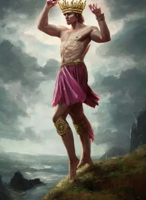 Prompt: vladimir putin as a magnificent beautiful greek god in a crown and pink balerrina skirt by greg rutkowski