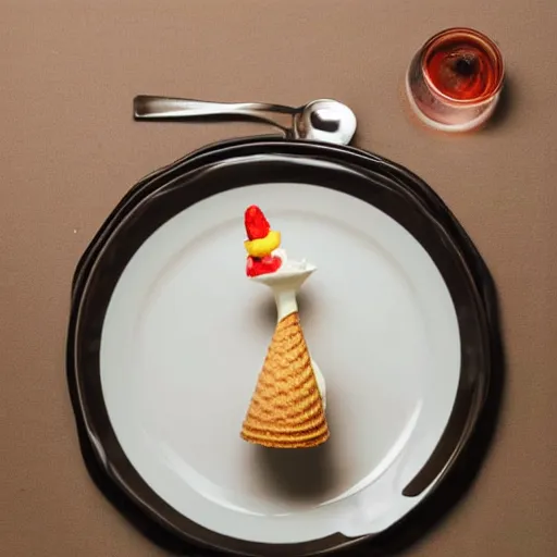 Image similar to photograph of a formal presentation of an ice cream cone on a plate with grotesque silverware in a fancy avant-garde restaurant