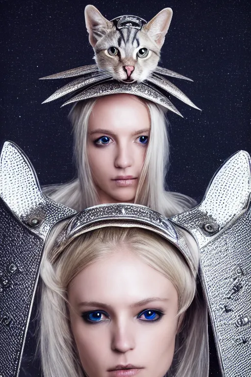 Image similar to female knight wearing a real cat on her head, armor designed by wayne barlowe, swarovski and tiffany, blonde hair, symmetry, sci - fi, cinematic, elegant, luxury, perfect light, perfect composition, dlsr photography, sharp focus, dark fantasy, 8 k, ultra hd, sense of awe, highly detailed, realistic, intricate