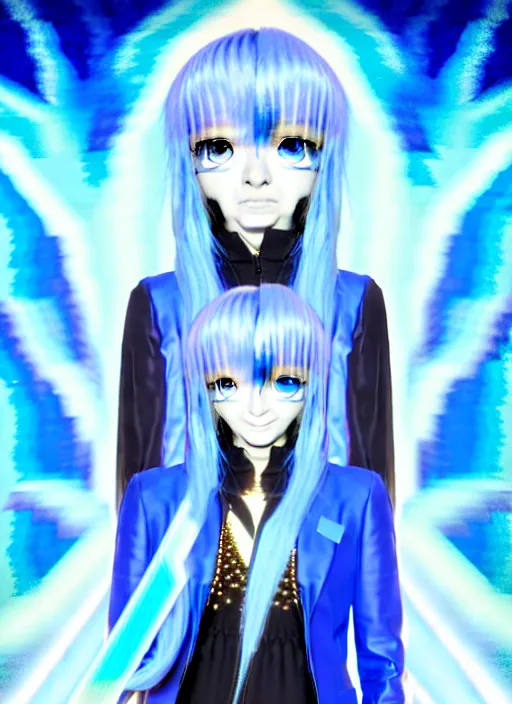 Prompt: a hologram of rimuru tempest, sky blue hair, golden eyes, wearing a black stylish jacket, pixiv 3 d render, holography, irridescent, covered by baroque bedazzled ornamental frames