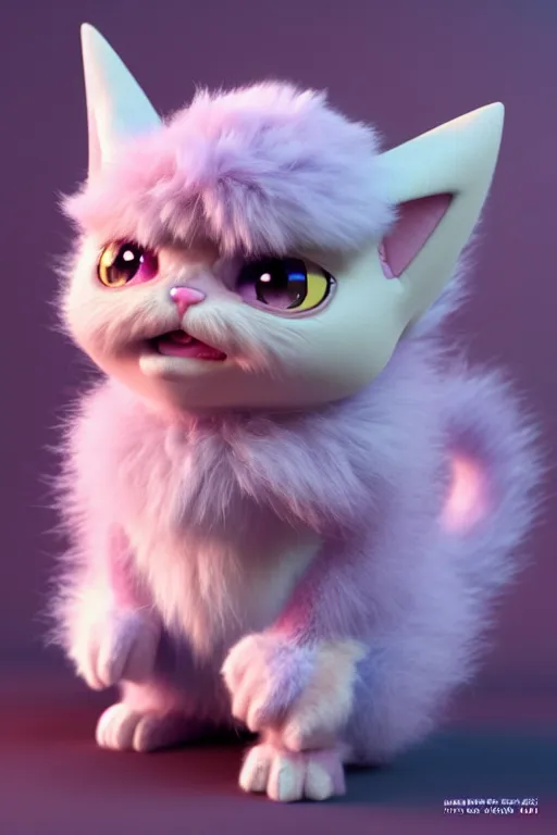 Image similar to high quality 3 d render hyperrealist very cute pastel fluffy! grumpy gargoyle cat hybrid, cyber - medieval armor, vray smooth, in the style of detective pikachu, hannah yata charlie immer, dramatic pink light, low angle, uhd 8 k, sharp focus