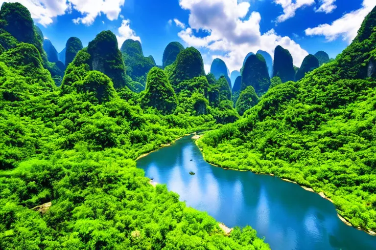 Image similar to wide, lush scenic landscape, grand majestic mountains, valley, river, karst chinese limestone mountains, blue sky, white clouds, professional photography, realistic, highly detailed, 8 k