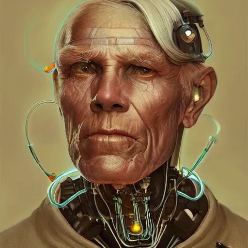 Prompt: Portrait of a very old cyborg, art deco design, by Mandy Jurgens and Warhol, Ernst Haeckel, James Jean, artstation, concept art