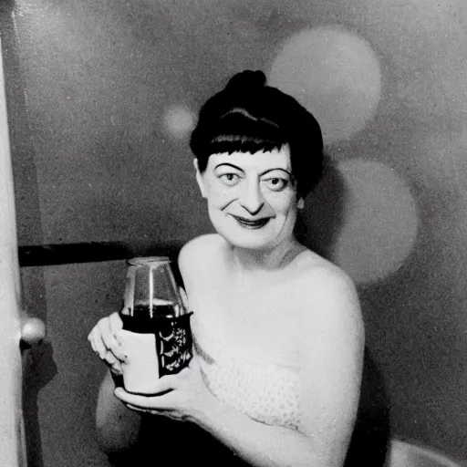 Image similar to a black and white hazy photo of Dorothy Parker in a bubble bath