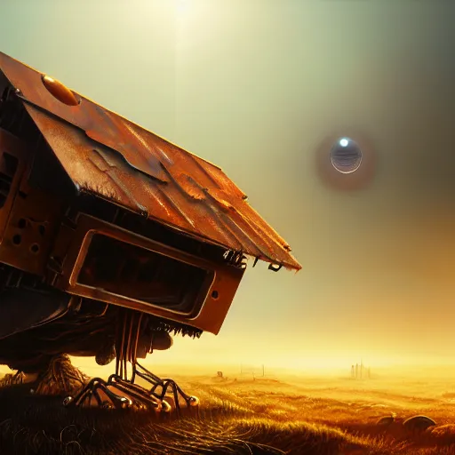 Image similar to a walking wood and metal house with two mechanical legs and two glowing eyes, rust, hyperrealistic, pareidolia, highly detailed, cinematic, single ray of sun, morning, fog, city in background, beautiful, cgssociety, artstation, 8 k, oil painting, digital art