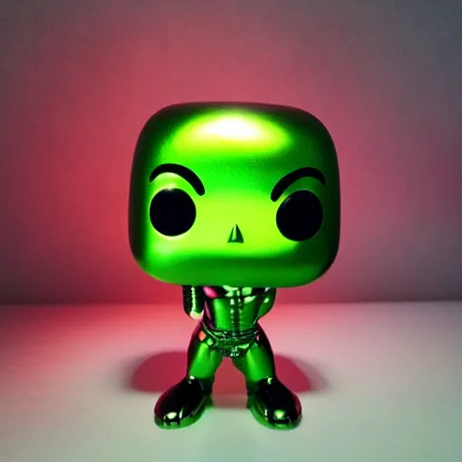 Prompt: metal chrome funko pop with neon lighting