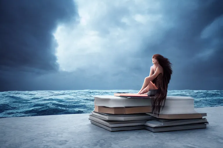 Prompt: A beautiful woman sitting on a giant open book in the middle of the ocean during a storm, dramatic lighting, cinematic, 8k HDR, highly detailed, high quality, octane render, unreal engine 5, path tracing, turbulent sea, concept art, trending on Artstation
