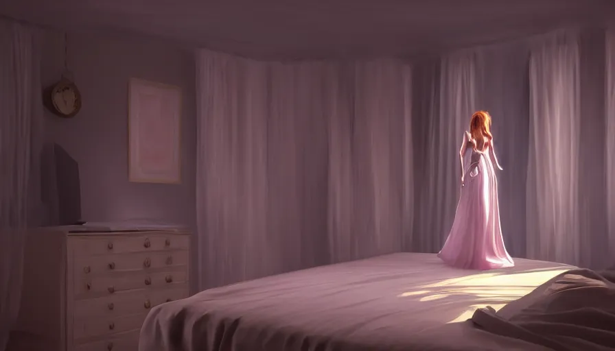 Prompt: woman wearing a gown dancing in her bedroom at night, very detailed, artstation, soft lights, sharp focus, 8 k, unreal engine, heavy grain, fine facial features