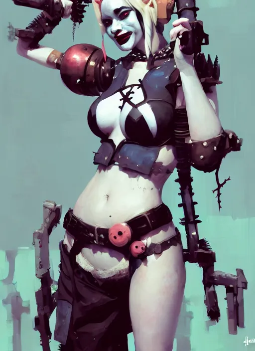 Image similar to portrait of cute harley quinn girl with crown of thorns in cyber bikini armor, warhammer, cyberpunk, by atey ghailan, by greg rutkowski, by greg tocchini, by james gilleard, by joe gb fenton, by kaethe butcher, dynamic lighting, gradient light blue, brown, blonde cream and white color in scheme, grunge aesthetic