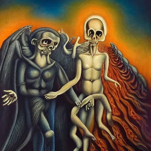 Image similar to couple walking hand in hand, in heaven and hell at the same time, surrealistic oil painting, beautiful, intricate, hell in the bottom, heaven in the top, very detailed