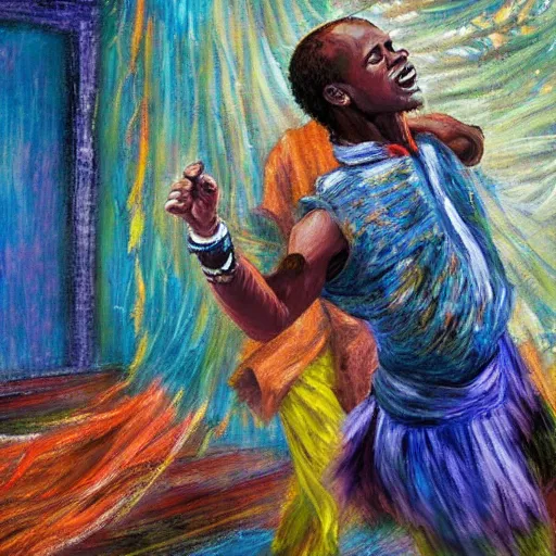 Prompt: east african man dancing inside a large photography studio by himself, intricate details, impressionist painting, figurative painting, happy, dreamy, pastel colors, studio ghibli