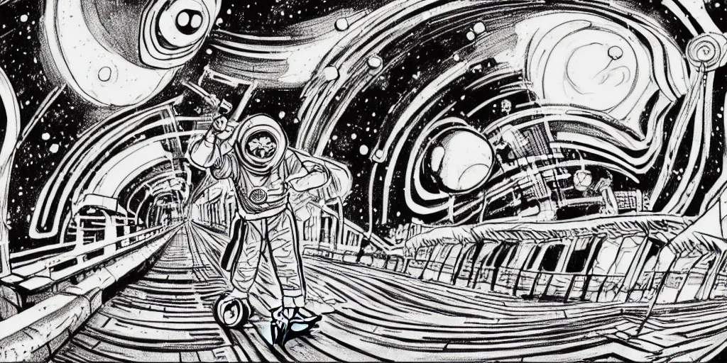 Image similar to traditional drawn colorful animation a solo stranger goes by skateboard to valley symmetrical architecture on the ground, space station planet afar, planet surface, ground, rocket launcher, outer worlds extraterrestrial hyper contrast well drawn Metal Hurlant Pilote and Pif in Jean Henri Gaston Giraud animation film The Masters of Time FANTASTIC PLANET La planète sauvage animation by René Laloux