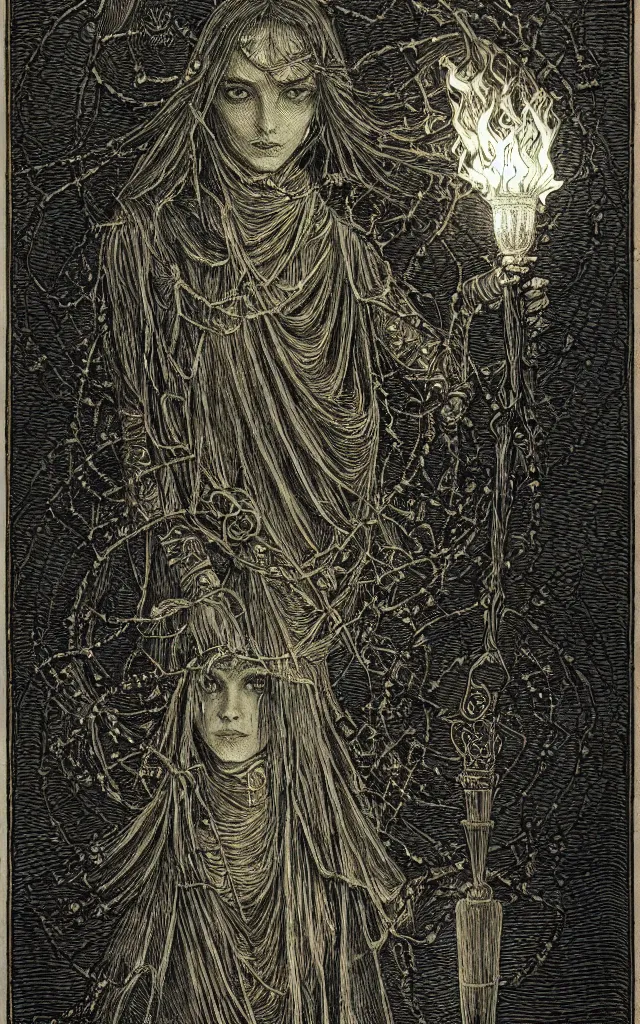 Image similar to tarot card of hecate the gloomy and beautiful goddess of witchcraft, torches, ancient keys, smokes, gustave dore, franklin booth, andrey remnev, black paper, etching, engraving, intricate line work, green line work details, mandelbulb fractal, portrait, trending on artstation, exquisite details, risography print, 4 k, 4 k