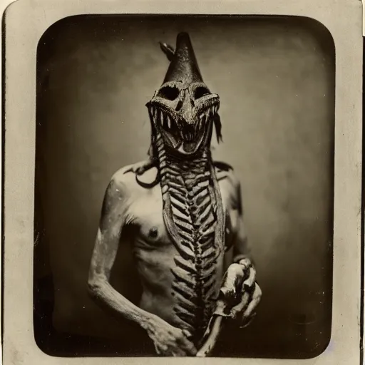 Prompt: a black and white old wet - plate photograph of a tribal elder with a bone in his nose and a scary mask and a pet dragon sitting on his shoulder in the jungle of congo during colonial times, holding a modern digital slr camera in his hand and taking a photo