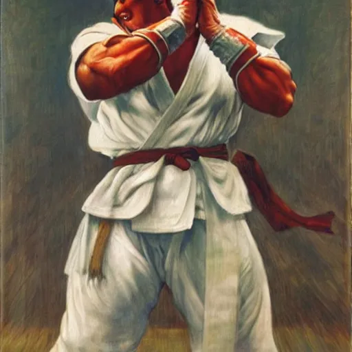 Prompt: ryu from street fighter 2 in real life in the style of malczewski, jacek