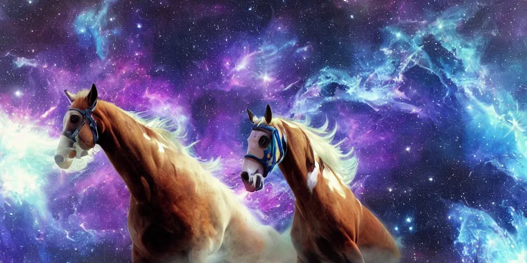 Prompt: an astronaut horse in outer space, epic nebula