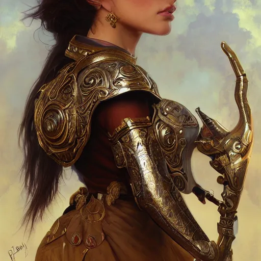 Image similar to an attractive young female wearing an ornate metallic helmet, olive skin, long dark hair, beautiful bone structure, intricate, elegant, highly detailed, digital painting, artstation, concept art, smooth, sharp focus, illustration, art by artgerm and greg rutkowski and alphonse mucha