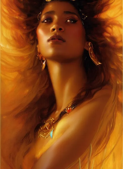 Image similar to young black woman, goddess of light, long flowing hair, smug expression, highly detailed painting by gaston bussiere, craig mullins, j. c. leyendecker 8 k