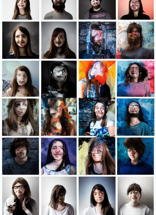 Image similar to group portraits, groups of happy humans imagining large beautiful images, text morphing into objects, highly detailed, super realistic, perfect lighting pixel sorting