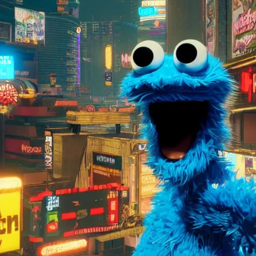 Image similar to cookie monster in cyberpunk 2 0 7 7 unreal engine 5 8 k hyperdetailed