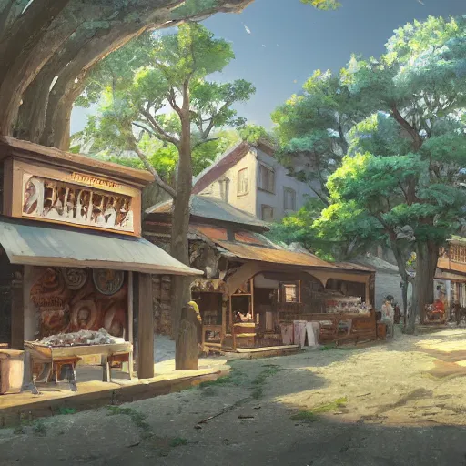 Image similar to concept art painting of a historic bakery with european and japanese architecture, in a woodland village surrounded by trees, realistic, detailed, cel shaded, in the style of makoto shinkai and greg rutkowski and james gurney