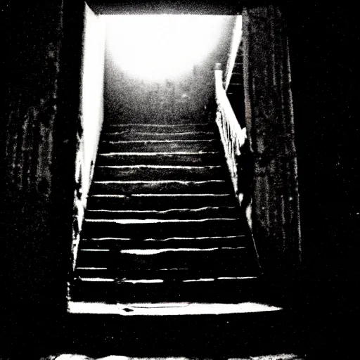 Prompt: grainy photograph of a dark and dilapidated staircase, positioned at the bottom step looking up the staircase, a ghostly presence hidden in the darkness at the top of the stairs