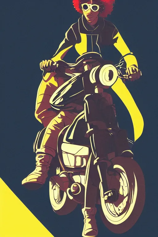 Image similar to black woman with goggles riding motorbike, afro hair, clean lines, bold outline, golden ratio, cowboy bebop, pop art, graphic, ilya kuvshinov, jamie hewlett, yoji shinkawa, muted colors, beautiful detailed illustration, 17th century oil painting, flat colors, studio ghibli, cel shading,