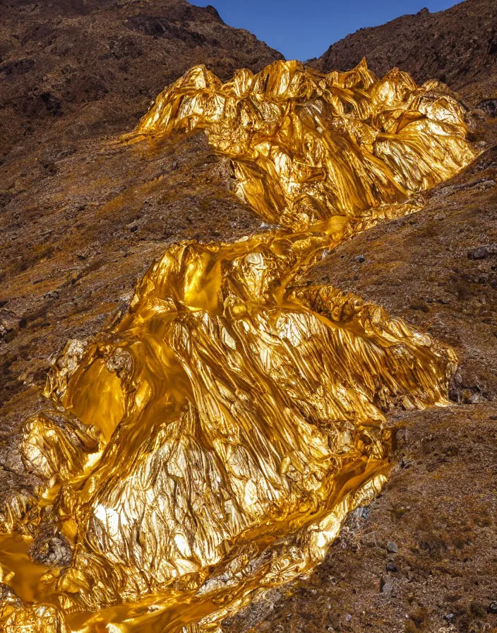 Prompt: color photo of a massive liquid gold sculpture in cordillera de los andes, photography by werner herzog