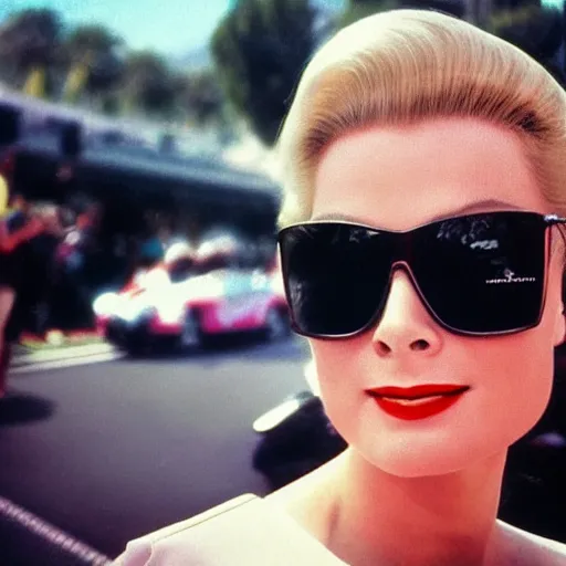 Image similar to selfie smartphone photo of a young Grace Kelly at the Monaco Gran Prix, F1 cars blurred in background, iphone photo, smartphone resolution, trending on instagram, influencer photography