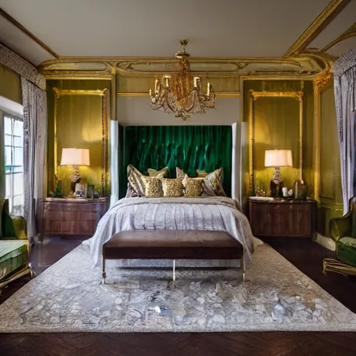 Image similar to a large and elegant master bedroom with walls inspired by malachite, gold accent on the walls and fancy king size bed in the middle, studio photography