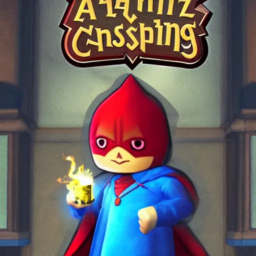 Image similar to A wizard, red hood, glowing blue eyes, Animal Crossing