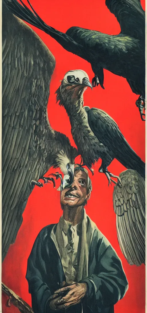 Image similar to mistery man in hood and red eyes with a dager, and a vulture, 1940s propaganda poster, full hd,highly detailed