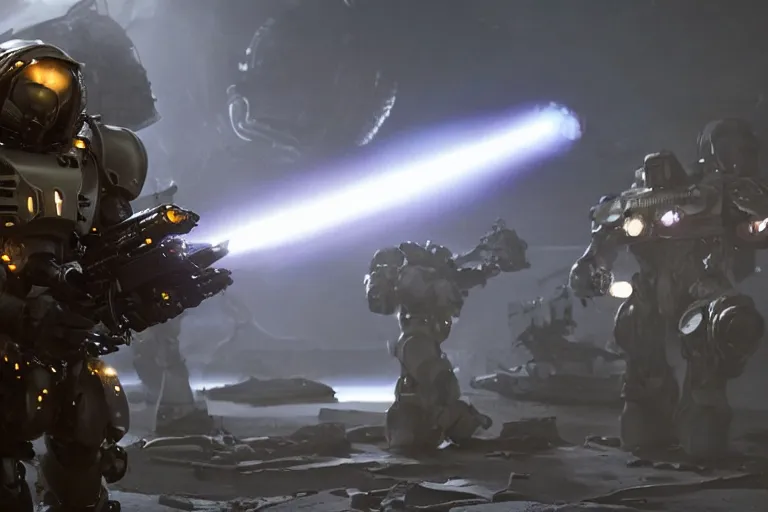 Image similar to VFX movie of a futuristic inhuman alien spacemarines Mech in future spaceship, firing gun at alien horde detailed creature skin neon lighting by Emmanuel Lubezki