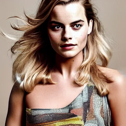 Image similar to a woman who is a genetic combination of margot robbie and emma watson face and upper - body focus, detailed eyes