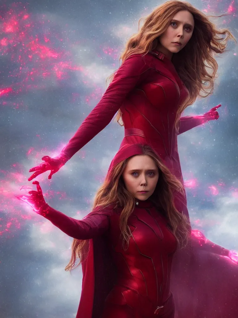 Image similar to movie still of elizabeth olsen as scarlet witch creating a barrier of red energy around herself!!!!!, photorealistic art style, fantasy aesthetic. full - body photography, comprehensive art, thorough details, intricate, artstation, cgsociety contest winner