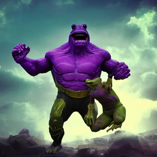 Prompt: Thanos riding a giant frog, digital art, trending on artstation, HDR