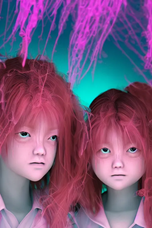 Image similar to 3d realistic dramatic infrared photo of two schoolgirls sisters with a realistic cute face fighting in a dark subway station under water in Japan. Close-up portrait. There are pink palm trees and translucent glow jellyfish flying around. Volumetric composition. Pastel colors in the style of Hiro Kiyohara, redshift, octane, trend artstation, cinematic, hyper realism, high detail, 8k