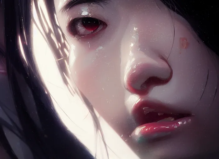 Image similar to a film still portrait of a beautiful crying woman, finely detailed features, closeup of face, cinematic lighting, perfect art, night cyberpunk city, intricate, anime, gapmoe grimdark, artstation, trending on pixiv fanbox, painted by greg rutkowski makoto shinkai takashi takeuchi studio ghibli, akihiko yoshida, 4 k