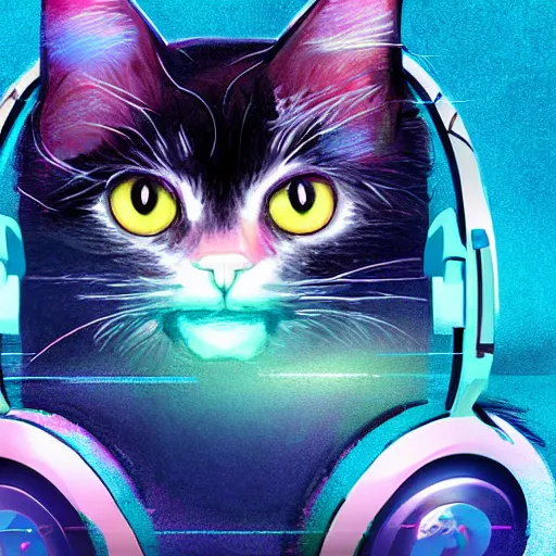 Prompt: beautiful close - up digital painting, surprised happy gamer black cat playing computer games, headphones, synthewave, cyan