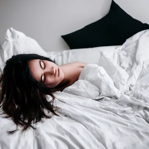 Prompt: beautiful sleepy young woman with messy hair lying in bed covered by pure white sheets, sunrays, focus, sharp, 4k, high quality photograph