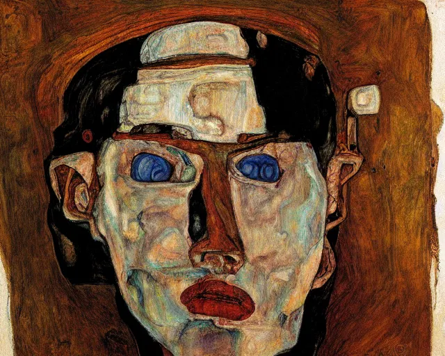 Image similar to portrait of a robot by egon schiele in the style of greg rutkowski