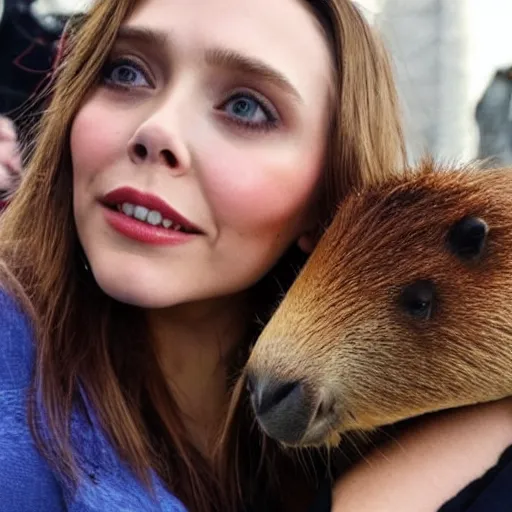 Image similar to elizabeth olsen with a capybara